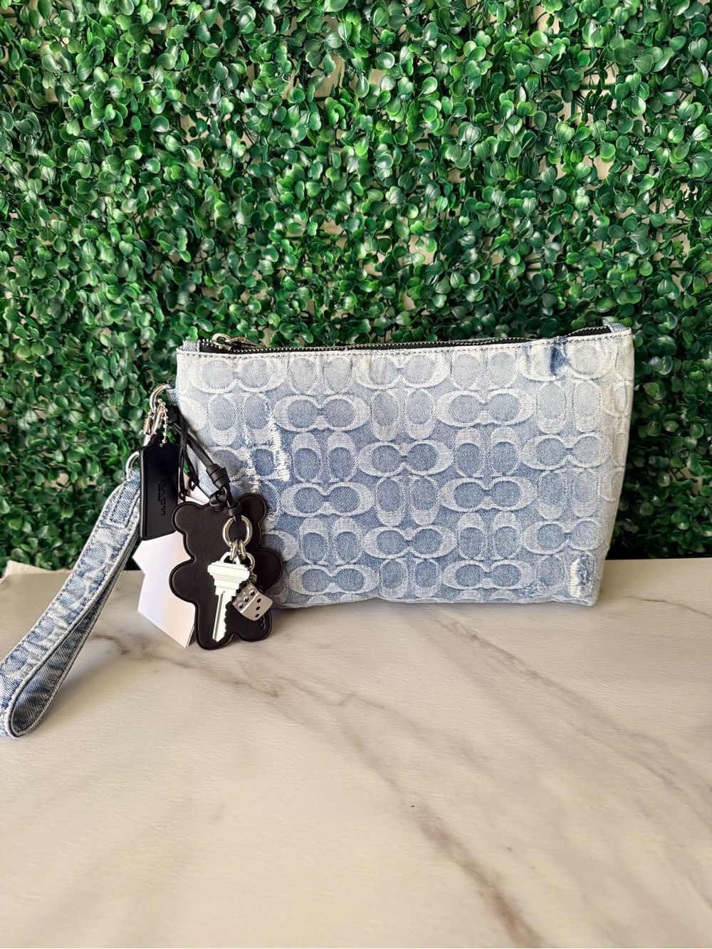 Coach Light Blue Distressed Denim Signature Wristlet Pouch with Charms NWT - Picture 1 of 8